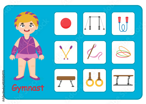 Game for preschool children. Studying professions. Cards - puzzle. Gymnast and gymnastic equipment and instruments. Vector illustration in cartoon style