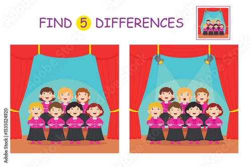 Game for children. Find 5 differences in the picture. A choir of singing girls on stage. Vector card for printing. Develops logic and attention. Suitable for preschool children.