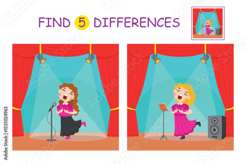 Game for children. Find 5 differences in the picture. A girl singing on stage in a concert hall. Vector card for printing. Develops logic and attention. Suitable for preschool children.