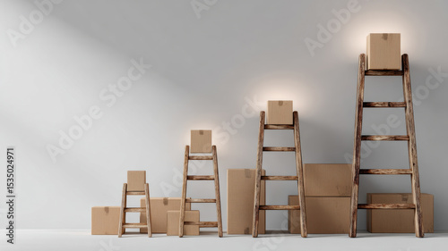 Cardboard boxes placed on wooden ladders, symbolizing steps to success