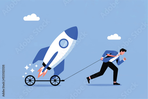 Businessman pulling rocket on wheels vector cartoon illustration isolated on transparent background
