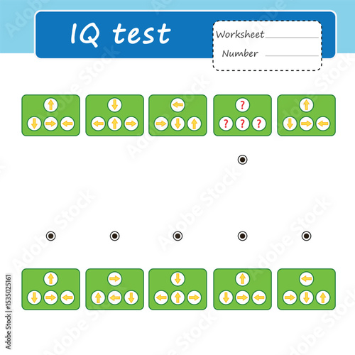 Logic game for children. Find the pattern in which the arrows turn. IQ test. Vector illustration