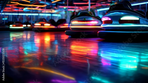 Bright Neon Lights Reflected on Floor of Bumper Car Attraction
