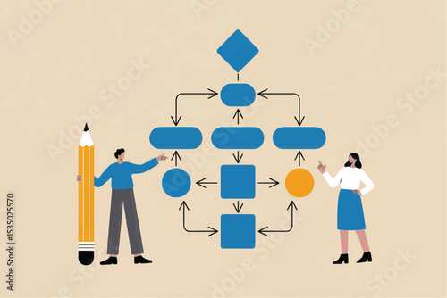 Vector cartoon illustration of two people planning a workflow with a flowchart isolated on transparent background