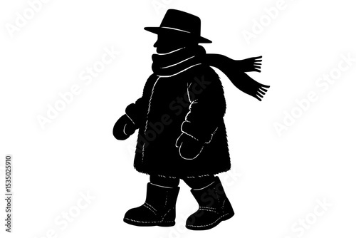 Silhouette of a person walking in winter clothing with a scarf  