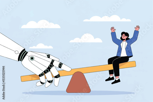Vector cartoon illustration of a robot and woman on a seesaw isolated on transparent background