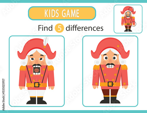 game for preschool children to develop attentiveness. Find 5 differences in the picture. Nutcracker. Vector printable sheet.