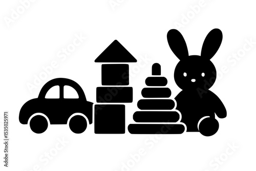 Toy car, blocks, stacking rings, and rabbit plushie in silhouette  