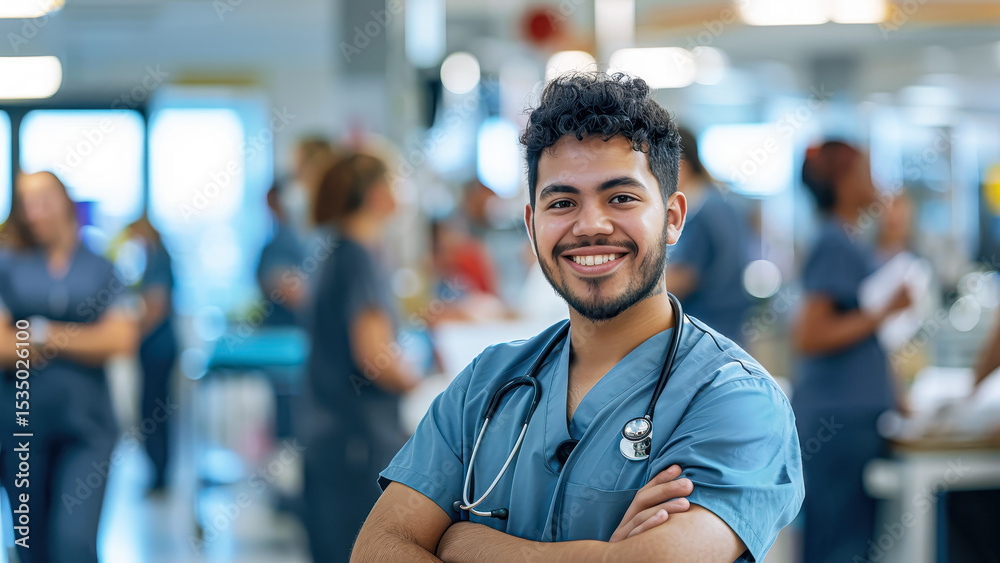Fototapeta premium Smiling doctor standing confidently in hospital hallway