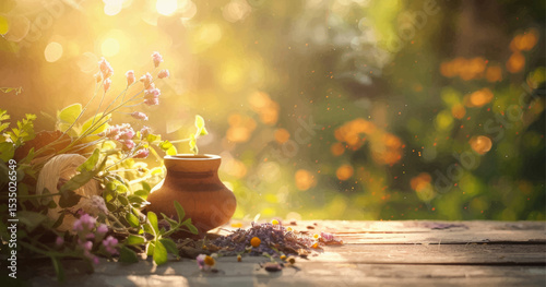 Herbal oils and plants on a wooden table