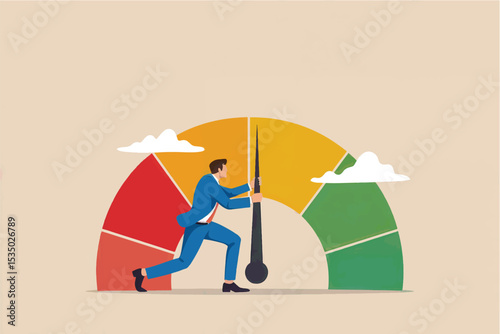 Businessman moving speedometer needle to green vector cartoon illustration isolated on transparent background
