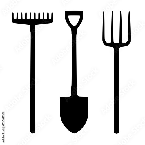 Garden tools including rake, shovel, and pitchfork in silhouette