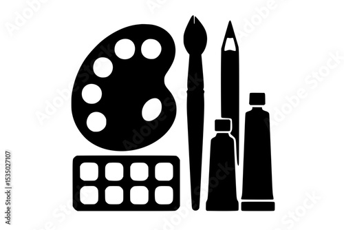 Art supplies including palette, brushes, and tubes of paint  