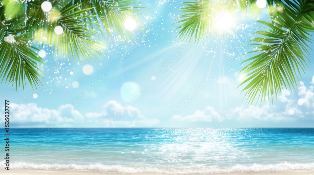 Obraz premium Tropical beach scene with palm leaves and sunlight.