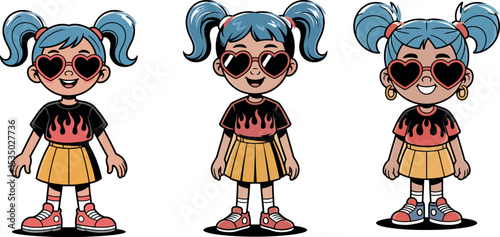 Three cartoon illustrations of young girls with blue hair and heart-shaped sunglasses are shown in slightly different variations. 
