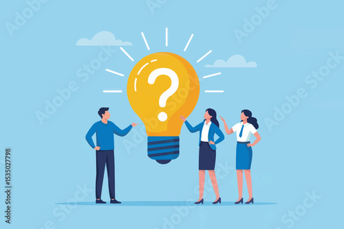 Vector cartoon illustration of people discussing a question mark lightbulb isolated on transparent background