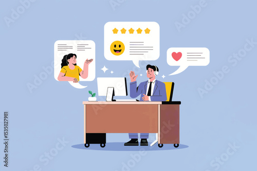 Vector cartoon illustration of customer service agent receiving positive feedback isolated on transparent background