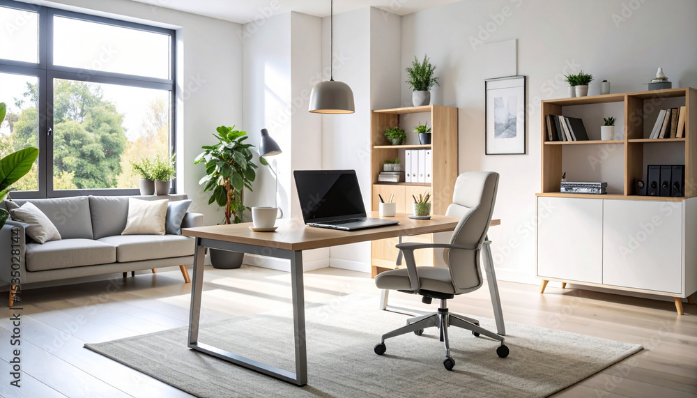Fototapeta premium office desk, laptop and coffee, Generated image