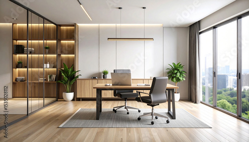 office desk, laptop and coffee, Generated image