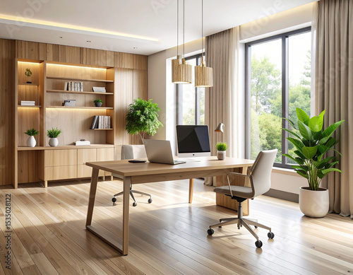 office desk, laptop and coffee, Generated image
