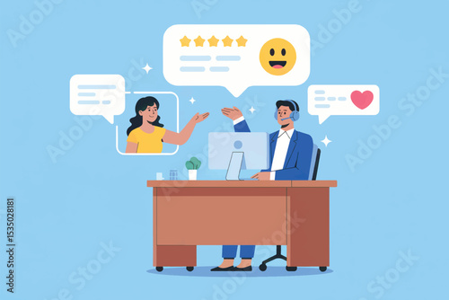 Vector cartoon illustration of customer service agent and client having a positive online video call isolated on transparent background