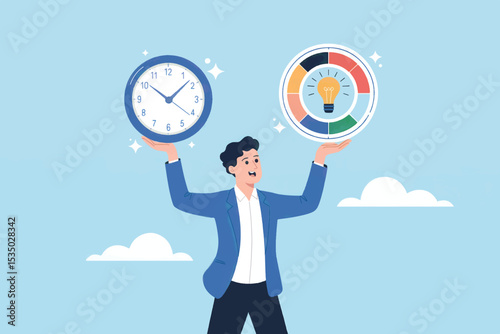 Businessman balancing time and ideas vector cartoon illustration isolated on transparent background