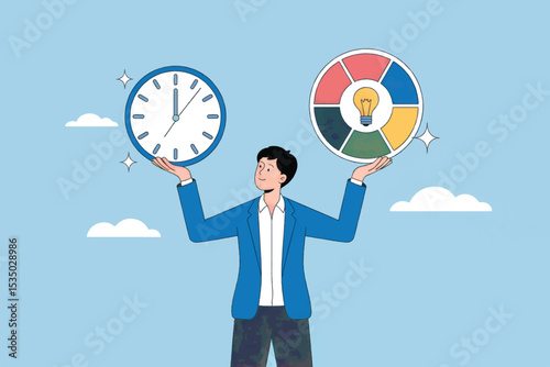 Man balancing time and ideas vector cartoon illustration isolated on transparent background