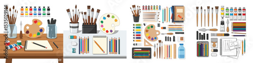 Complete Art Supplies Flat Lay Illustration

