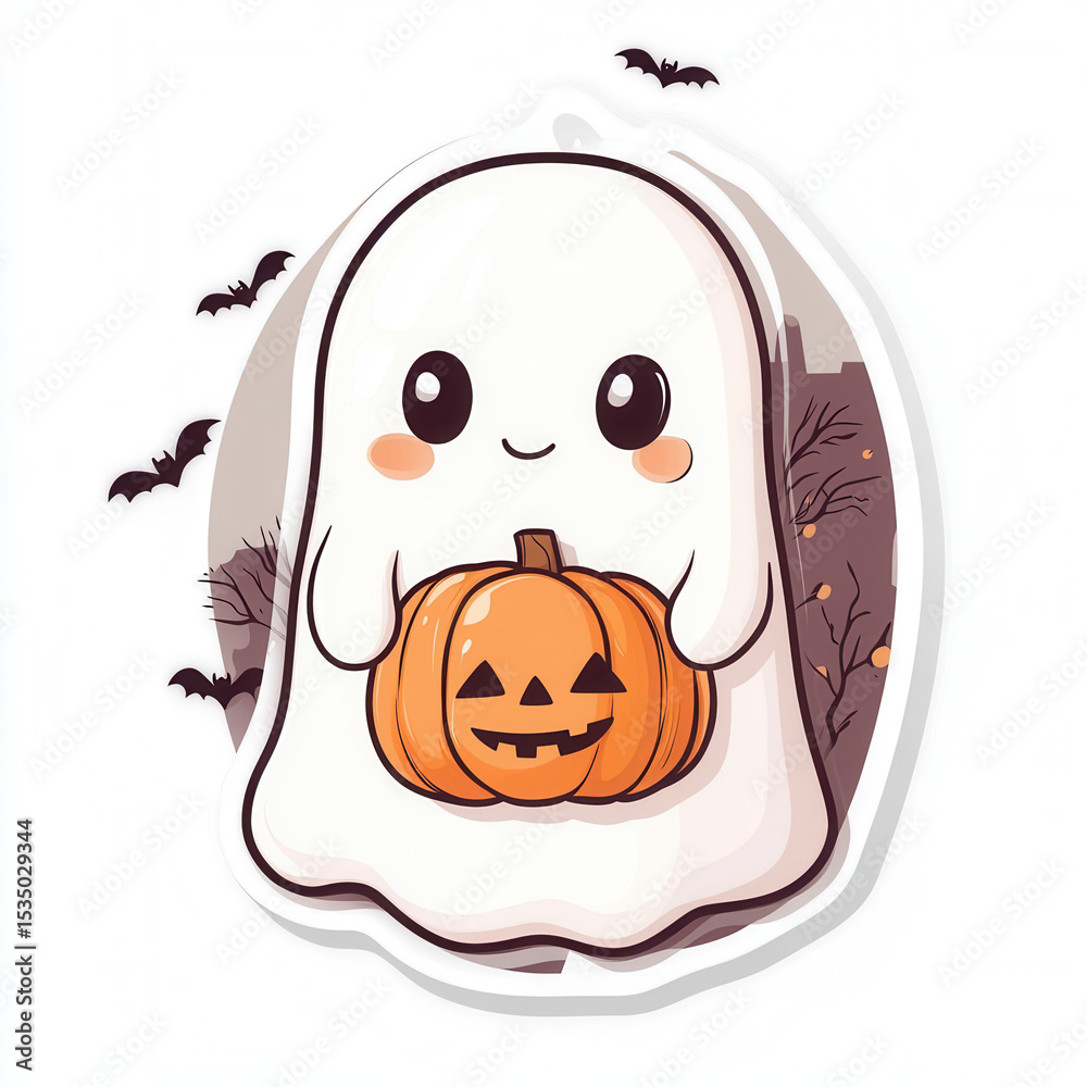 Fototapeta premium Cute kawaii ghost holding orange pumpkin with flying bats halloween sticker design 