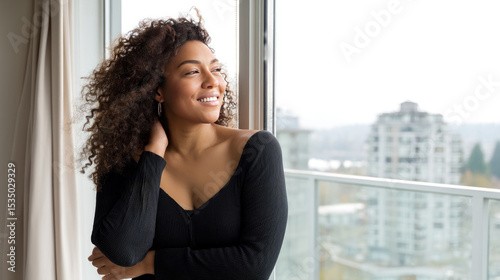 A curvy woman standing by the window of a high-rise apartment, smiling and looking out over the city