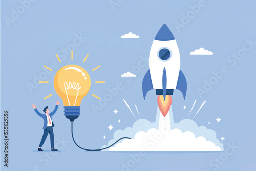 Businessman with light bulb launching rocket vector cartoon illustration isolated on transparent background
