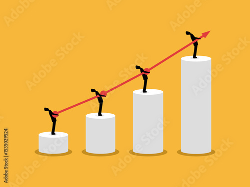 Business team holds rising arrow on bar chart