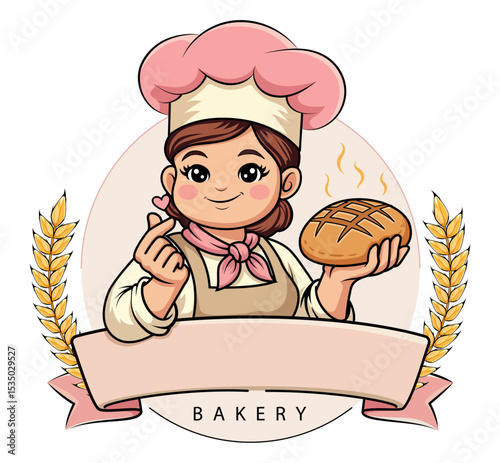 Cartoon Bakery Logo with Female Baker Holding Bread and Finger Love Sign – Cute Baking Character with Wheat and Blank Banner