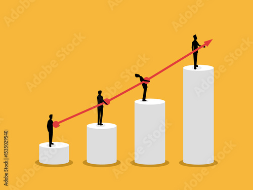 Working as a team increases profits, a group of businessmen holds a growth graph