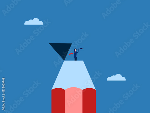 Looking outside the box, businessman holding binoculars looking out of pencil