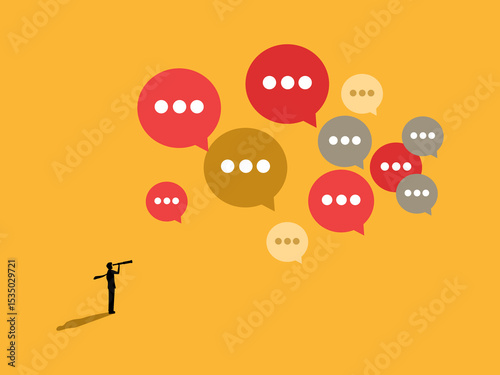 Businessman holding telescope looking at many speech bubbles