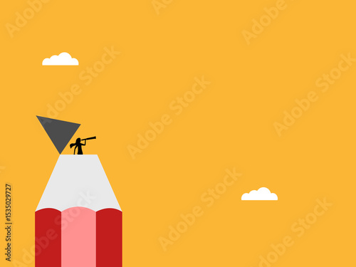 Businessman holding telescope looking out of pencil