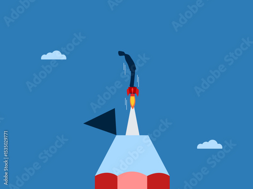 Businessman flies rocket out of pencil