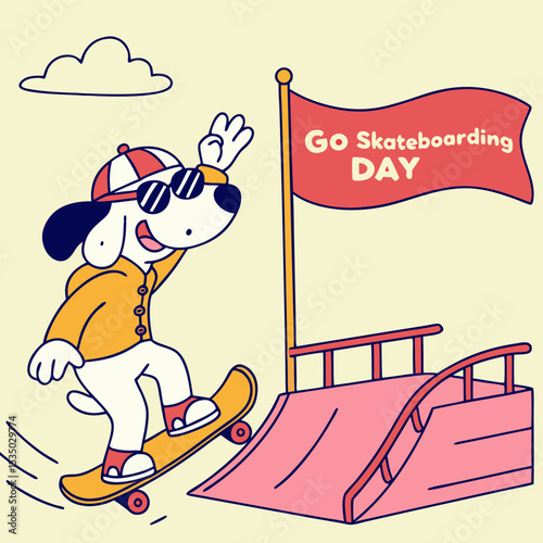 Cool dog skateboarding with sunglasses and ‘Go Skate’ text, showing fun, attitude, and urban style, Go Skateboarding Day
