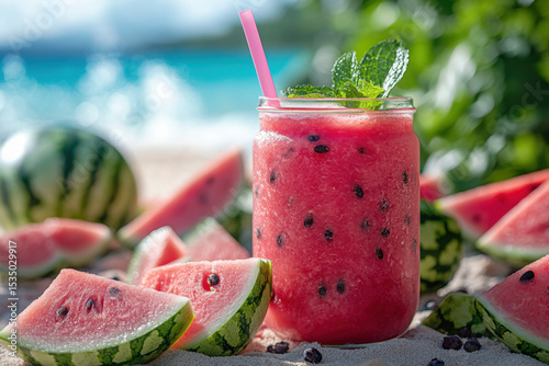 Glass of watermelon with pink straw.