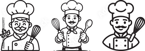 Three cartoon chefs line art isolated on transparent background
