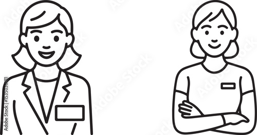 Two female professionals line art icons isolated on transparent background