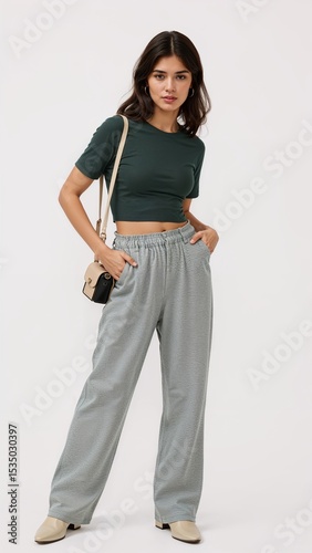 Full length of confident Mexican woman in a tuckedin tee and wideleg pants with one hand holding a phone at her side on plain white background