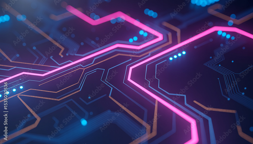 Abstract futuristic design featuring a glowing circuit board with neon lines and digital effects. Abstract futuristic design featuring a glowing circuit board with neon lines and digital effects.