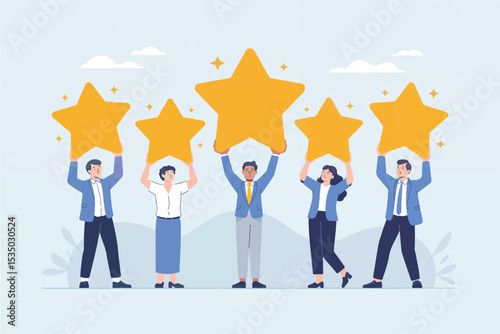 Five people holding up gold stars vector cartoon illustration isolated on transparent background