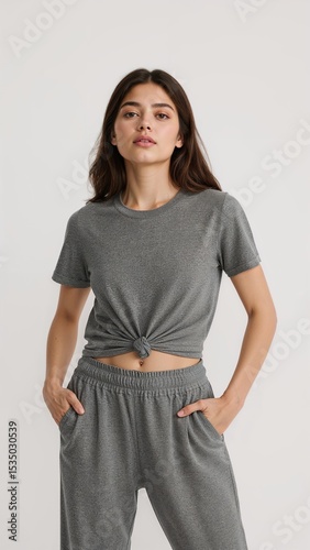 Full length of confident Argentinian girl in a knotted tshirt and athletic shorts standing while tilting her head playfully on plain white background