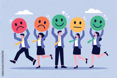 Vector cartoon illustration of business people holding emoticon feedback rating circles isolated on transparent background