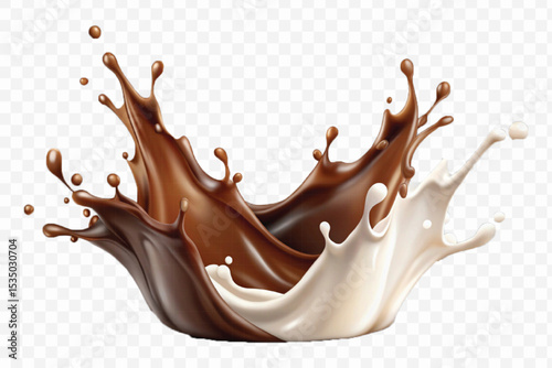 abstract 3d liquid chocolate and milk splash in different style Isolated white background