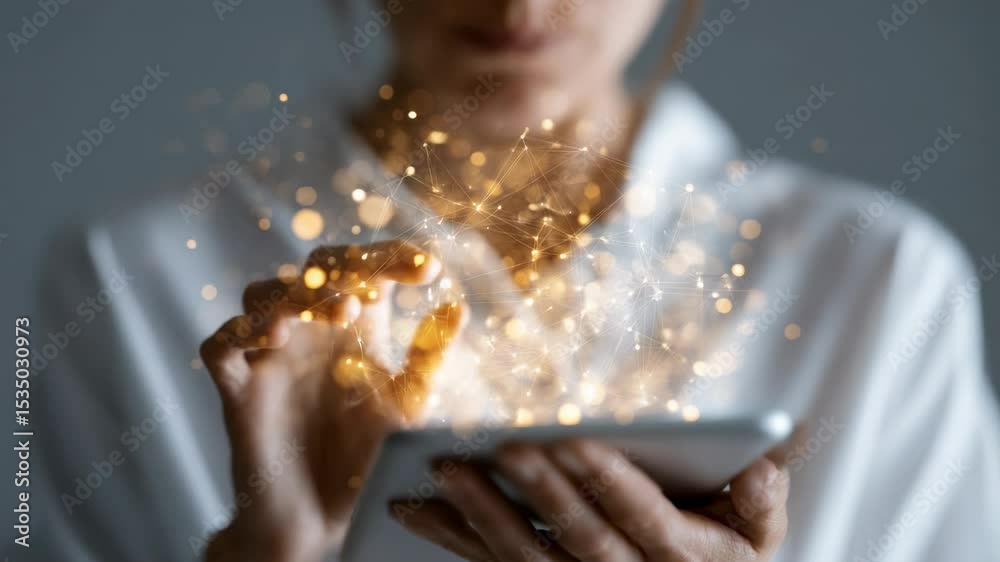 A person interacts with a smartphone, generating sparkling effects that symbolize digital connection.