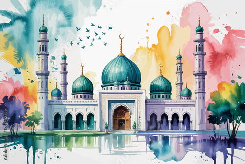 A mosque with multiple domes and minarets is depicted with a watercolor wash of colors in the background and reflection in the water.